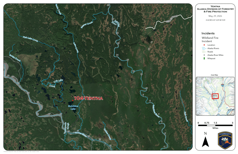 Map of the Yentna Fire showing its location on the north end of Bulchitna Lake.