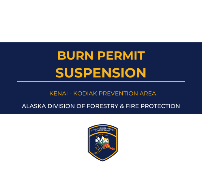 A graphic displaying a Burn Permit suspension for Kenai - Kodiak Prevention Area.