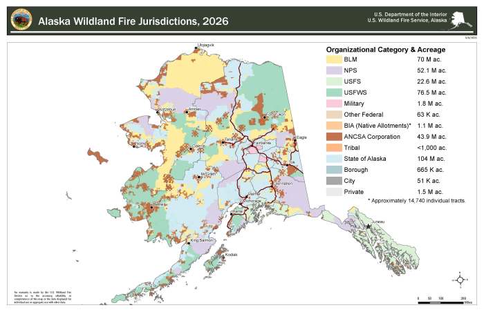 Map of Alaska with a multitude of colors showing the various land management and ownership divided into the three protection areas. 