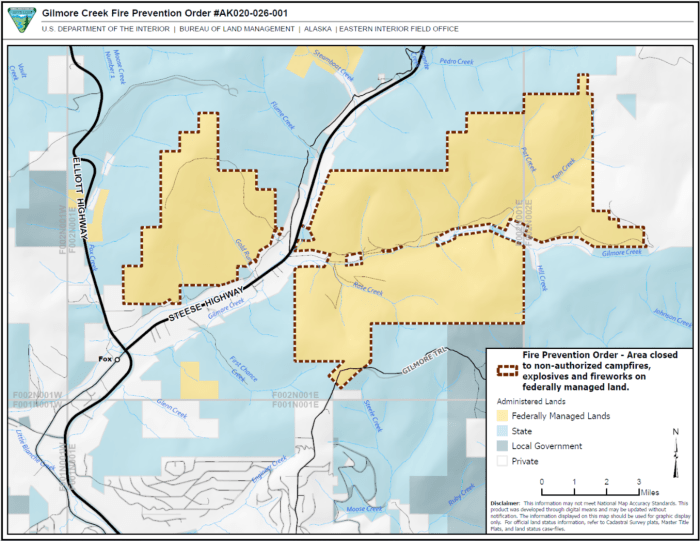 Map showing areas of fire restrictions in yellow.