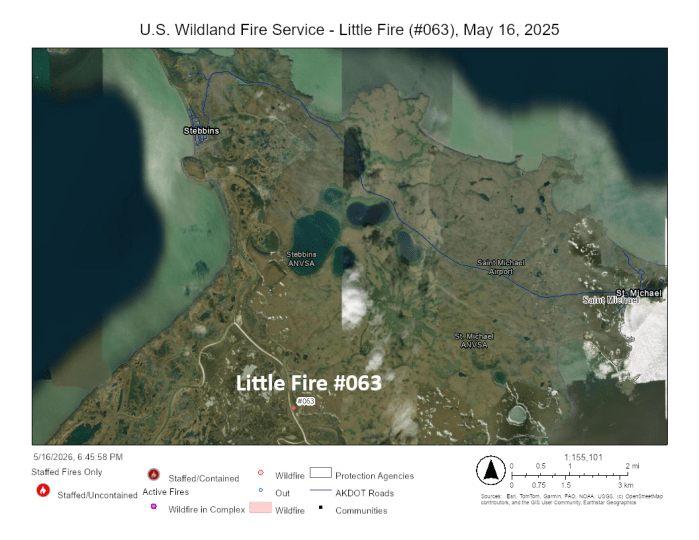 Green map of part of Alaska with Stebbins and Saint Michaels and showing the Little Fire.