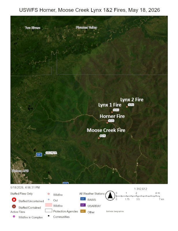 Green map showing red dots for fires located northeast of Eielson Air Force Base and south of Two Rivers and Pleasant Valley.