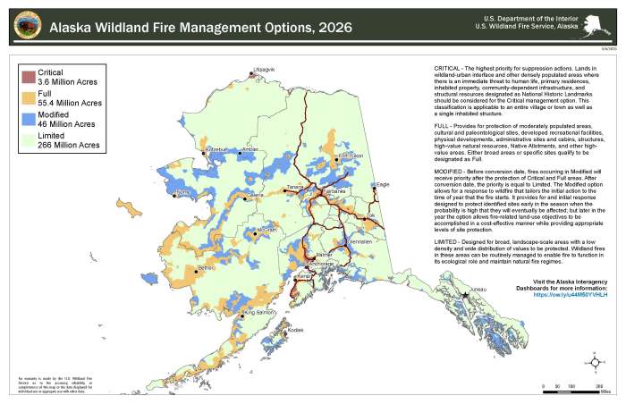 Map of Alaska with different colors ranging of green, orange, blue and red that signify the various management options for initial wildland fire response. 