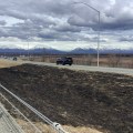 The burned area of a grass fire along a highway.