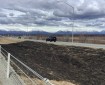 The burned area of a grass fire along a highway.
