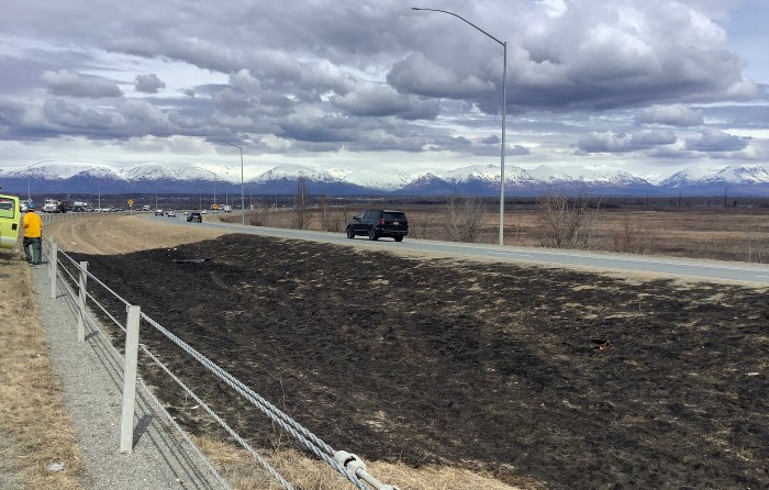 The burned area of a grass fire along a highway.