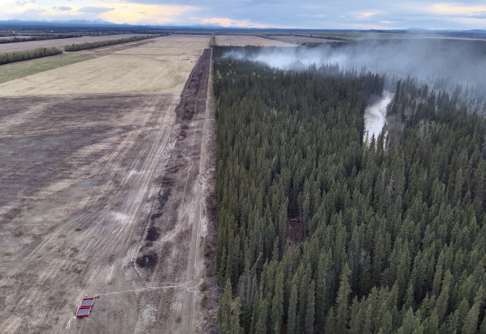 This is an aerial photograph showing a wildland fire in a forested area next to an agricultural field.