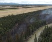 This is an aerial photograph showing a wildland fire in a forested area next to an agricultural field.