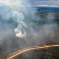 Smoke rises up from a green covered landscape interspersed with dead trees.