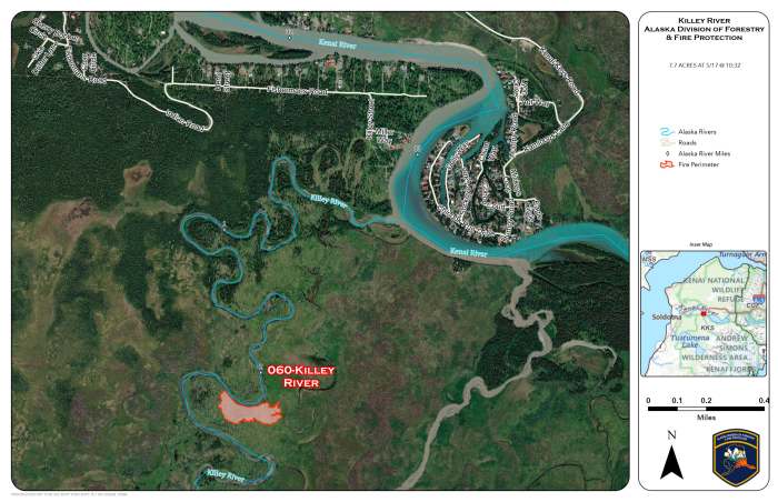 Map showing the perimeter and location of a wildland fire.