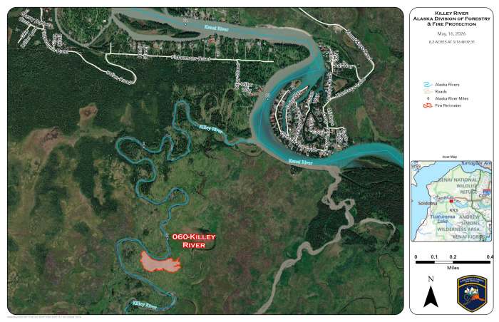 A map showing the location of a wildland fire.