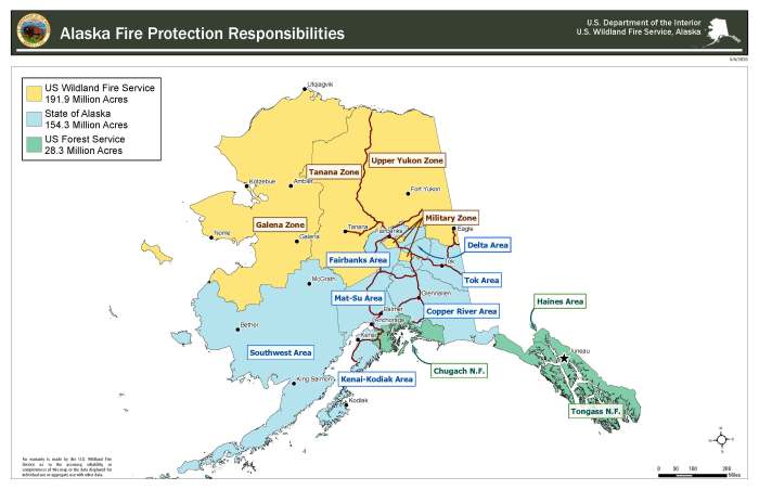 Map of Alaska divided into three colors that represent the U.S. Wildland Fire Service (yellow), the State of Alaska Division of Forestry & Fire Protection (blue) and the U.S. Forest Service (green). The red lines represent roadways in Alaska. 