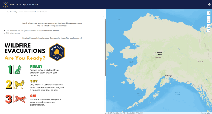 A screen capture for a wildfire evacuations map for Alaska.