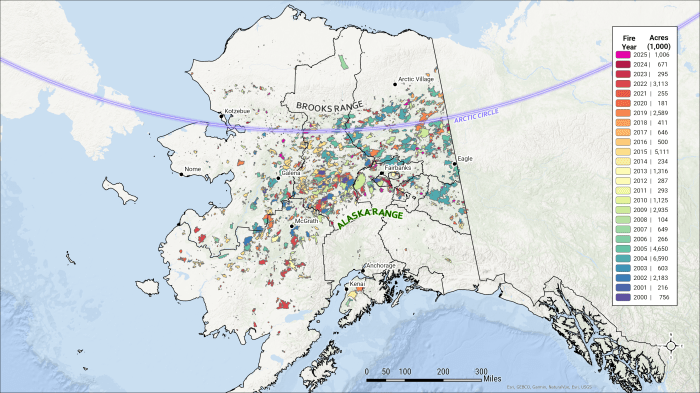 A map of Alaska with fire perimeters and list of fires burned by season from 2000-2025.