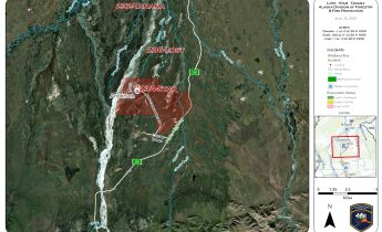 Map showing the location of wildland fires and an evacuation area.
