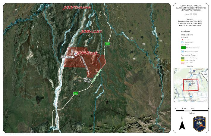 Map showing the location of wildland fires and an evacuation area.