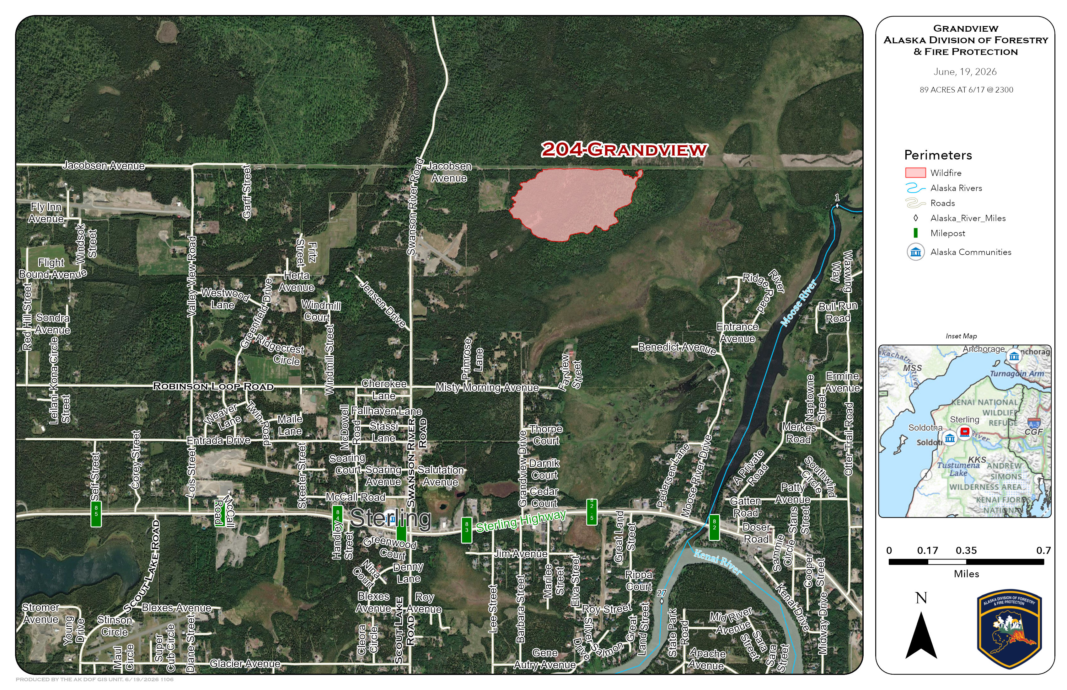 
This map shows the location and perimeter of the Grandview Fire (#204) estimated to be 89 acres on Thursday, June 18, 2026. Click on the image to download a PDF-type file to print or enlarge.