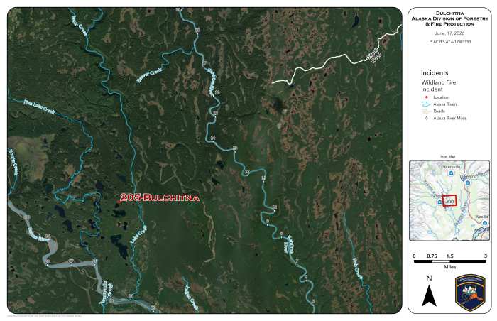 A map showing the location of a wildland fire.