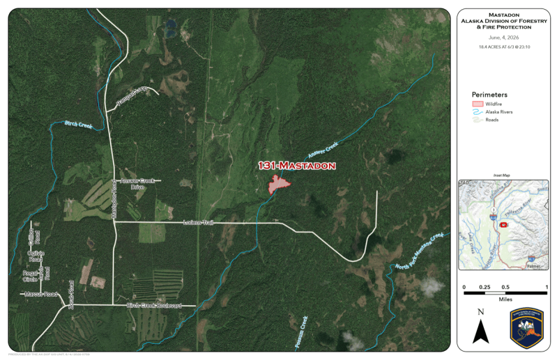 A map that shows the location and perimeter of Mastadon Fire (#131). 