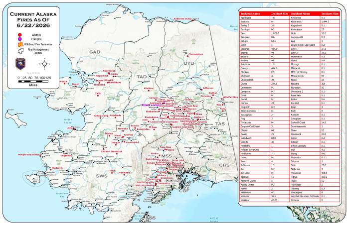 A map showing the location of wildfires in Alaska.
