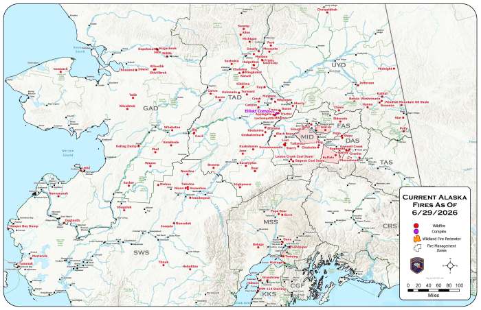 A map showing the location of wildfires in Alaska.