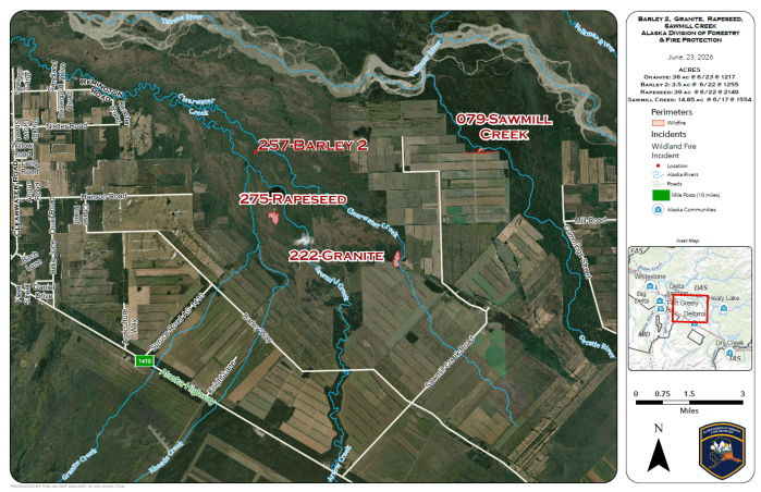 Map of Delta area fires including Sawmill, Barley 2, Rapeseed, and Granite Fires.