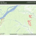A wildland fire location map titled "Ruby Area Fires," that shows two fire perimeters (outlined in red, shaded pink) east of the village of Ruby, Alaska, which sits on the south bank of the Yukon River. The Yukon River flows across the upper-left portion of the map, joined by Bootlegger Slough and the Melozitna River, with Ruby's local road network shown in orange. To the east, two fires are marked with red outlines and burning symbols: 313-Big (241.5 acres) — the smaller, northern fire, an elongated shape located near Big Creek and 315-Cecil (724 acres) — the larger, southern fire, a longer north-south oriented shape located near Little Boulder Creek.