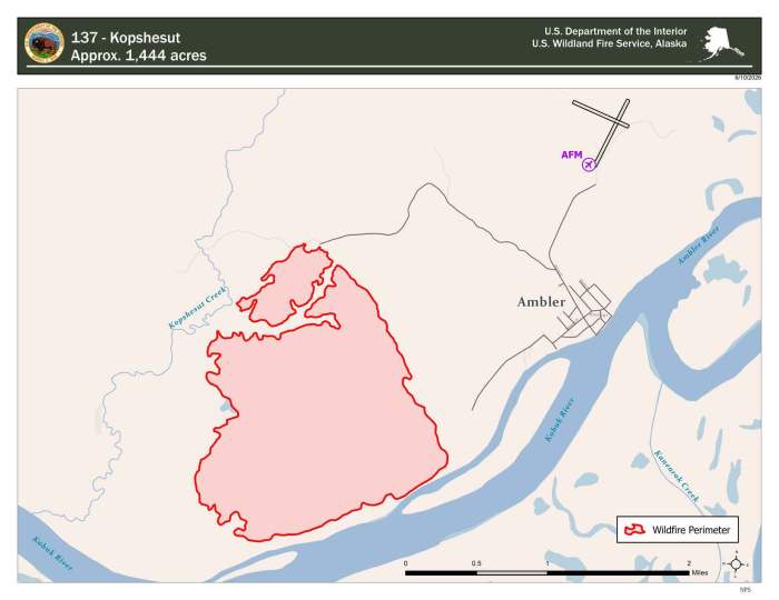Map of Kopshesut Fire represented by a red blob near the village of Ambler.