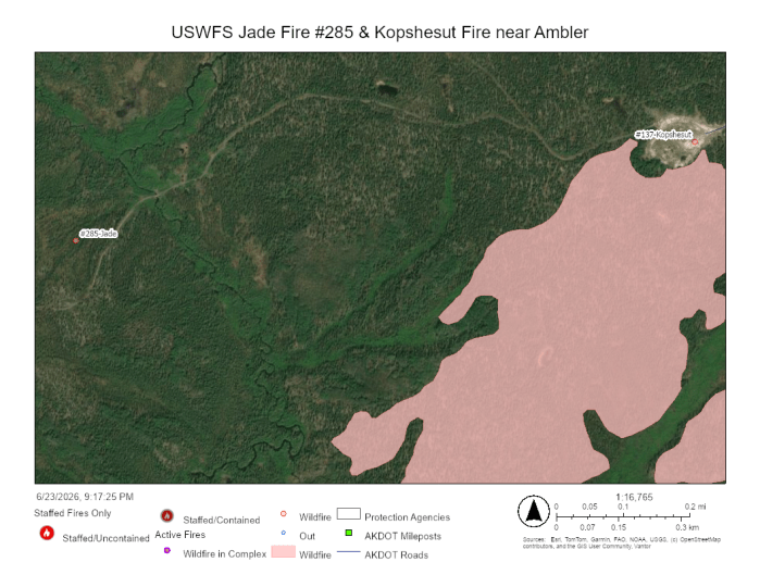 A red dot marks the spot of the new fire next to a much larger fire as shown in a large pink blob.