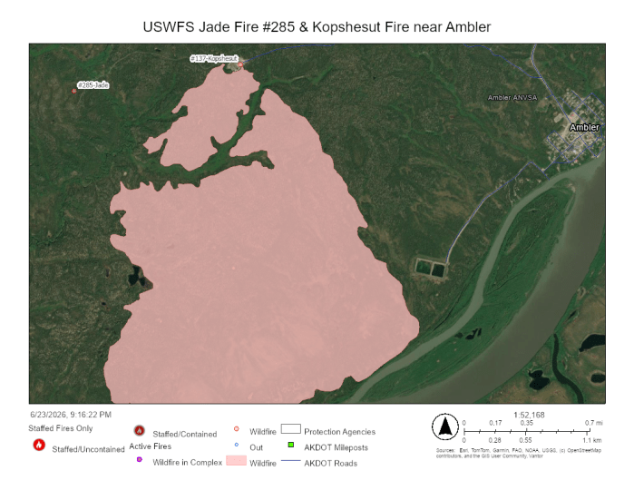 A pink area marks the Kopshesut Fire and a red dot to the west marks the new fire, the Jade Fire, burning west of Ambler.