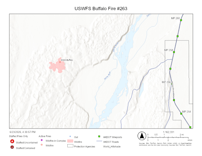 Map showing a fire perimeter west of the Delta River.