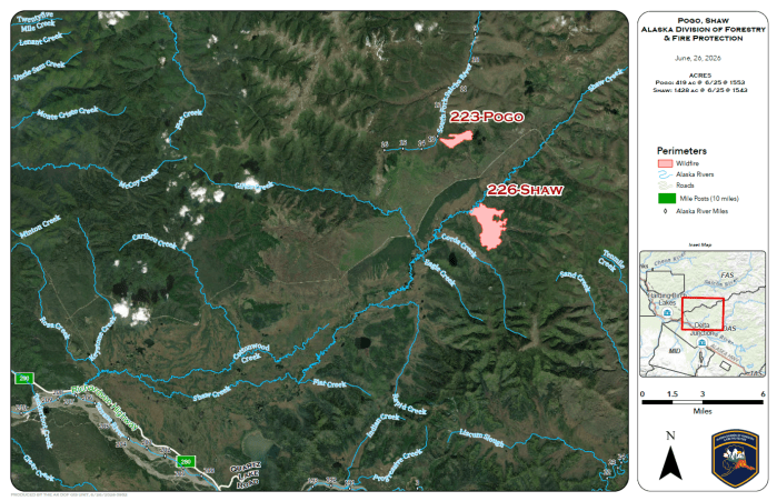 Map of Shaw and Pogo Fires near the Pogo Mine Road June 26th 2026