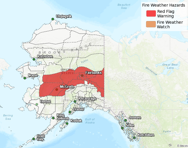 National Weather Service map showing red flag warning across interior Alaska, extending from almost the west coast of Alaska to the eastern border