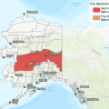 National Weather Service map showing red flag warning across interior Alaska, extending from almost the west coast of Alaska to the eastern border