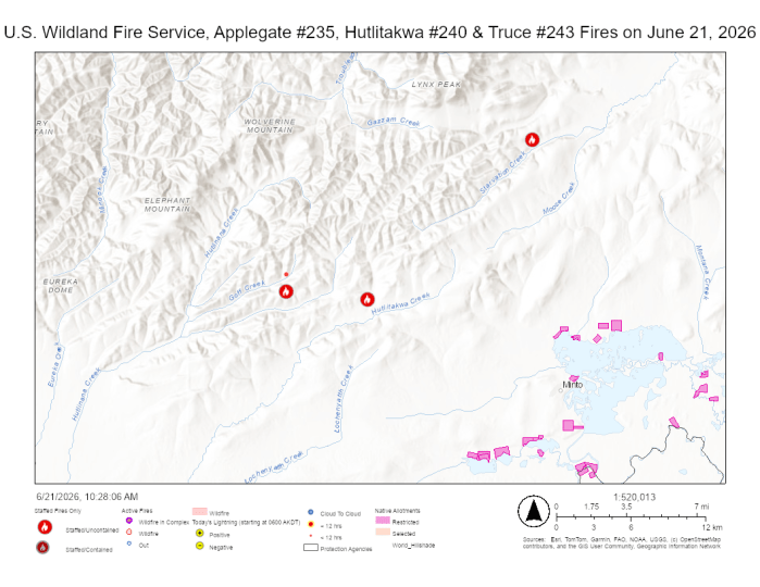 Map showing three new fire points to the north and northwest of the community of Minto, Alaska