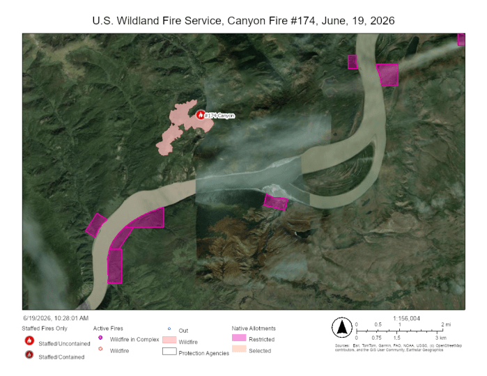 Map of Canyon Fire perimeter, located north of the Yukon River and southwest of Canyon Creek