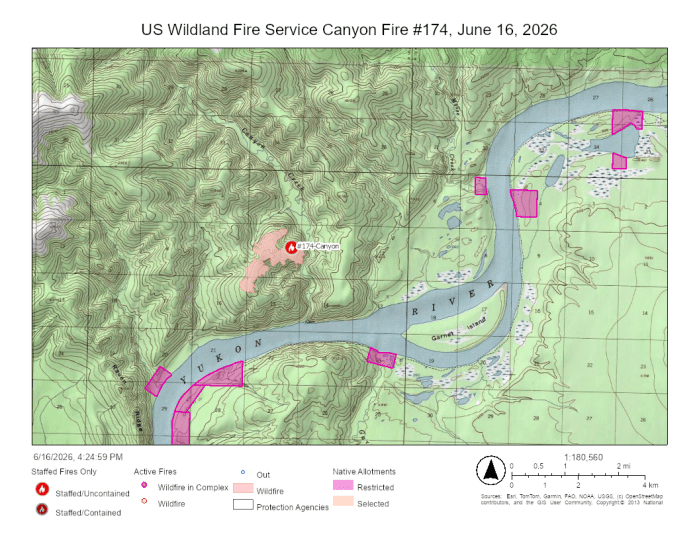 Canyon Creek Fire #174, located southwest of Canyon Creek and north of the Yukon River. Native allotments are located south and east of the fire perimeter, along the north side of the Yukon River.