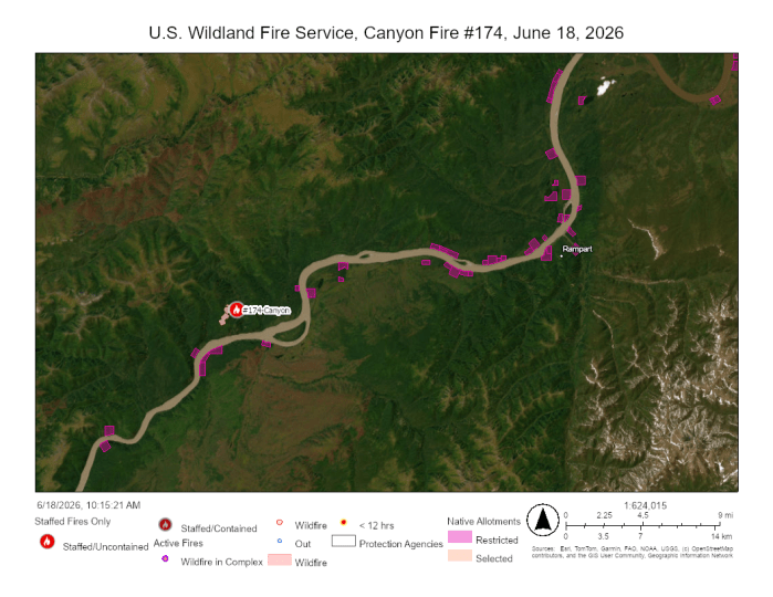 Map of Canyon Fire, located north of the Yukon River and showing the community of Rampart approximately 20 miles to the east.
