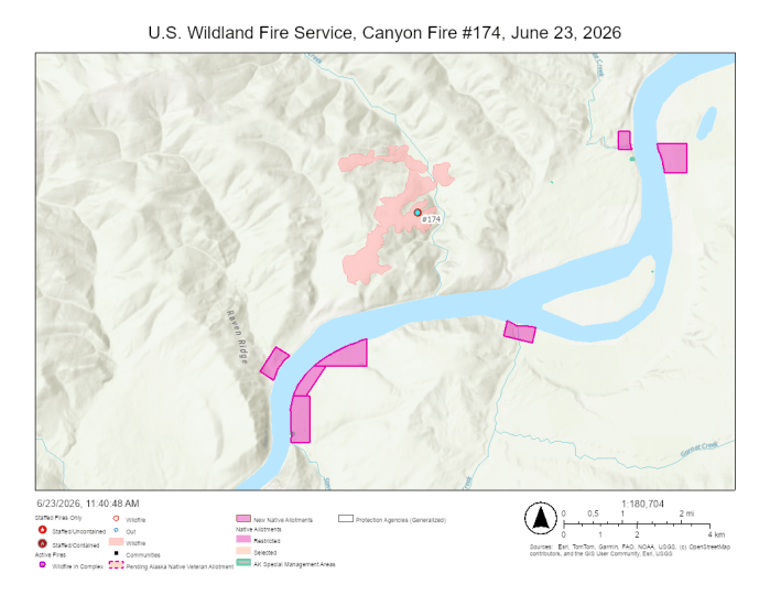 Outline of Canyon Fire, north of the Yukon River, with one Native allotment to the northeast and one to the southwest.