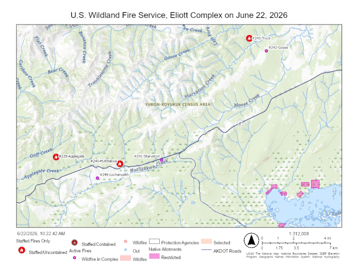 Numerous fire locations along the Elliott Highway in Alaska