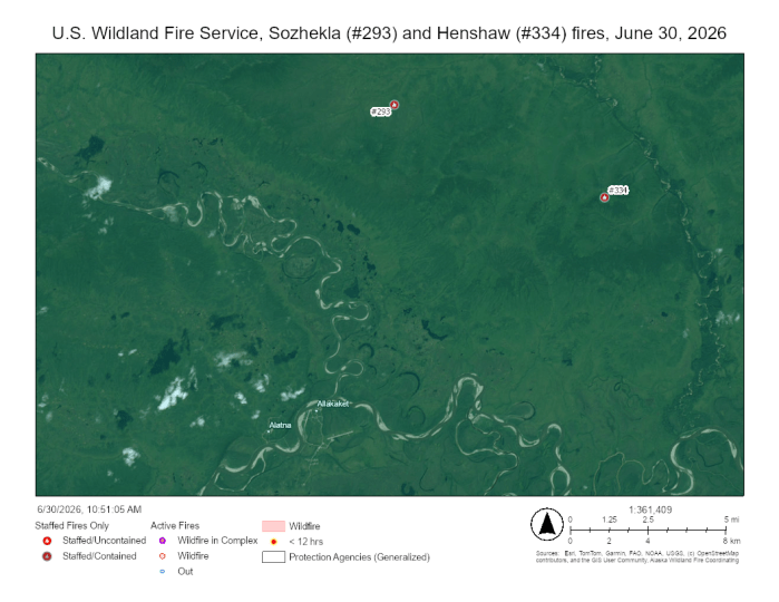 Map of Sozhekla Fire, approximately 10 miles northeast of Allakaket, and Henshaw fire, approximately 7 miles southeast of Sozhekla Fire.
