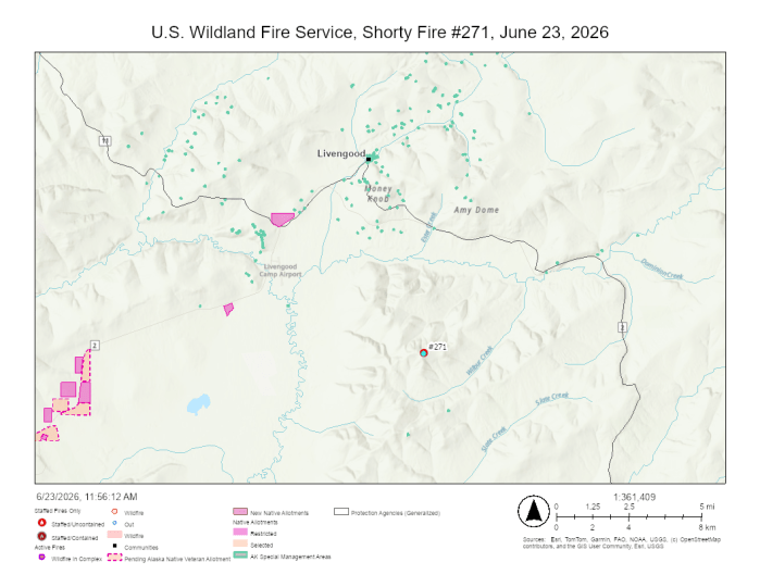 Shorty fire location, approximately 7 miles southeast of Livengood and north of Wilbur Creek