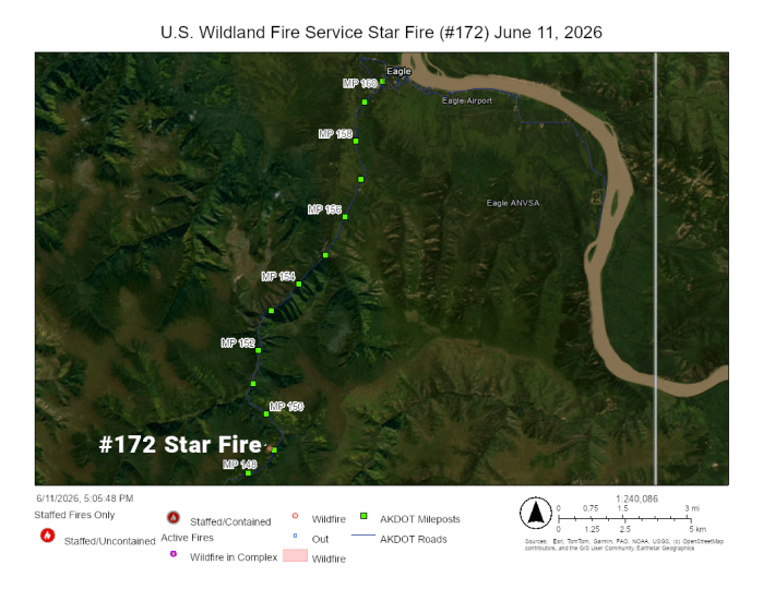 Map showing a roadway and mile posts surrounding a wildfire.