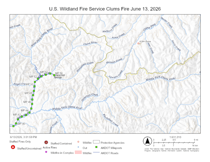 A map showing the Clums Fire burning about 22 miles east of the Chena Hot Springs Resource
