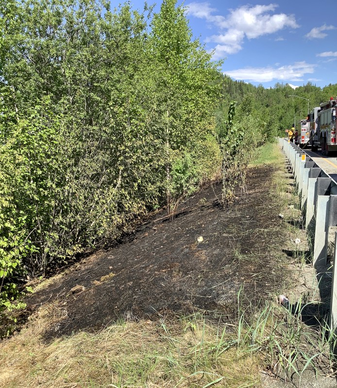The burned area of a wildland fire next to a roadway.