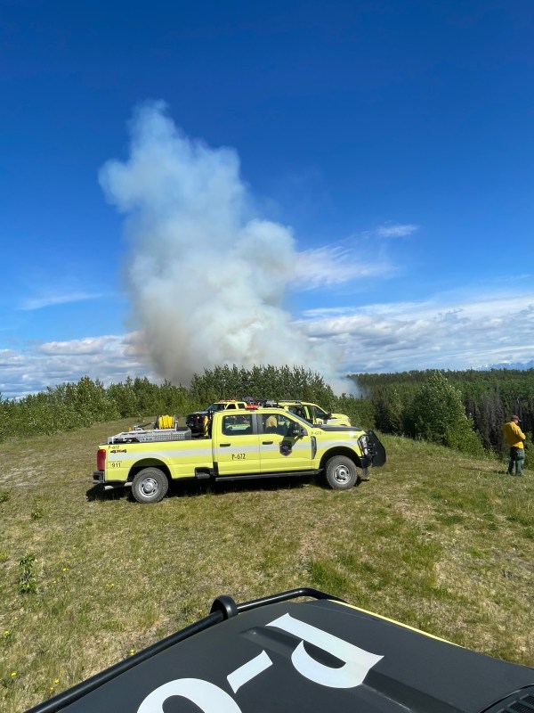 Photo of smoke column with DFFP fire engines in foreground.