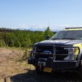 Photo of DFFP engine in foreground with burnt trees surrounded by green trees in the background.