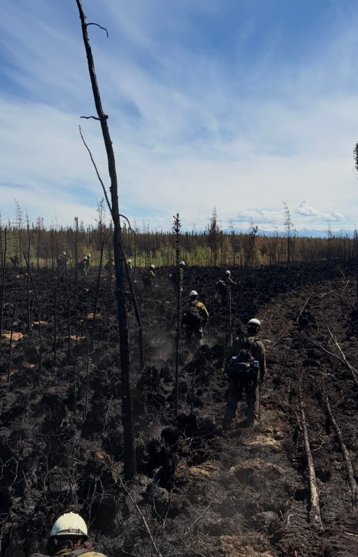 White Mountain T2IA crew stand in a line preparing to grid the fire, looking for any smoke or heat coming from the fire.
