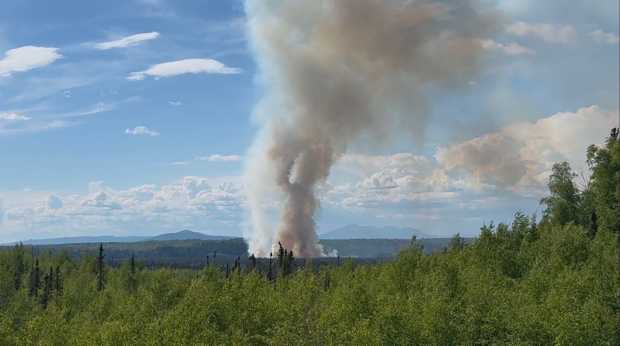 A smoke column rises above a forested area on a sunny, blue-sky day with mountains in the background. 