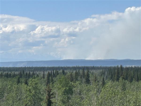 Smoke drifts up from a forest fire in the distance.